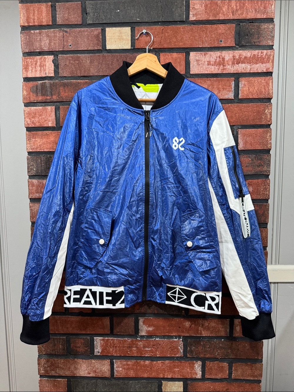 Men's Blue Bomber Jacket with White Accents - 82 Graphic